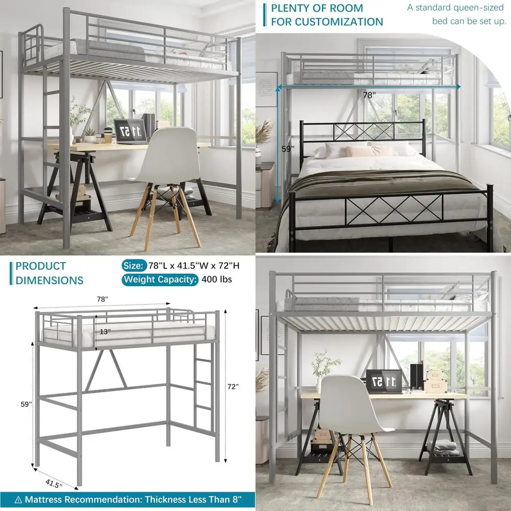 سرير مزدوج علوي مع سلالم، سلم قابل للفصل، حاجز حماية عالي، إطار معدني، موفر للمساحة، تصميم هادئ