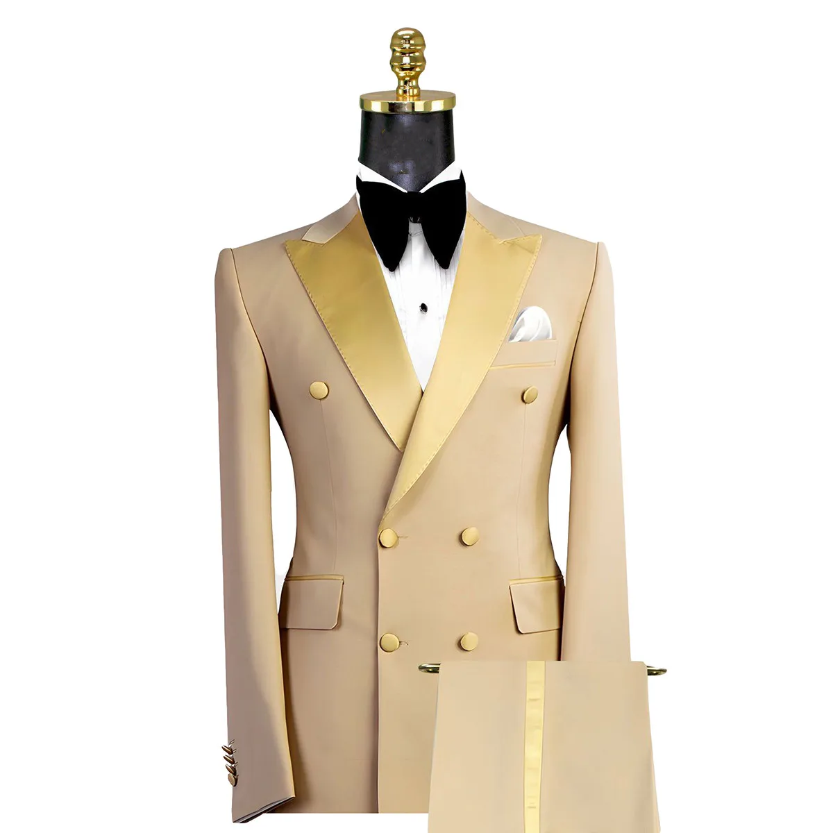 Gold Men Suits 2 Pieces Blazer Pure Pants Double Breasted Tuxedo Modern SatinWide Lapel Wedding Formal Work Prom Causal Tailored