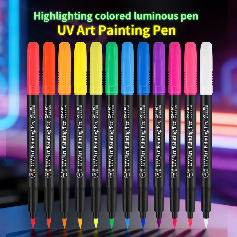12Pcs UV Glow Paint Markers Set Fluorescent Blacklight Reactive Pens Washable Neon Art for Raves, Parties, Halloween Graffiti