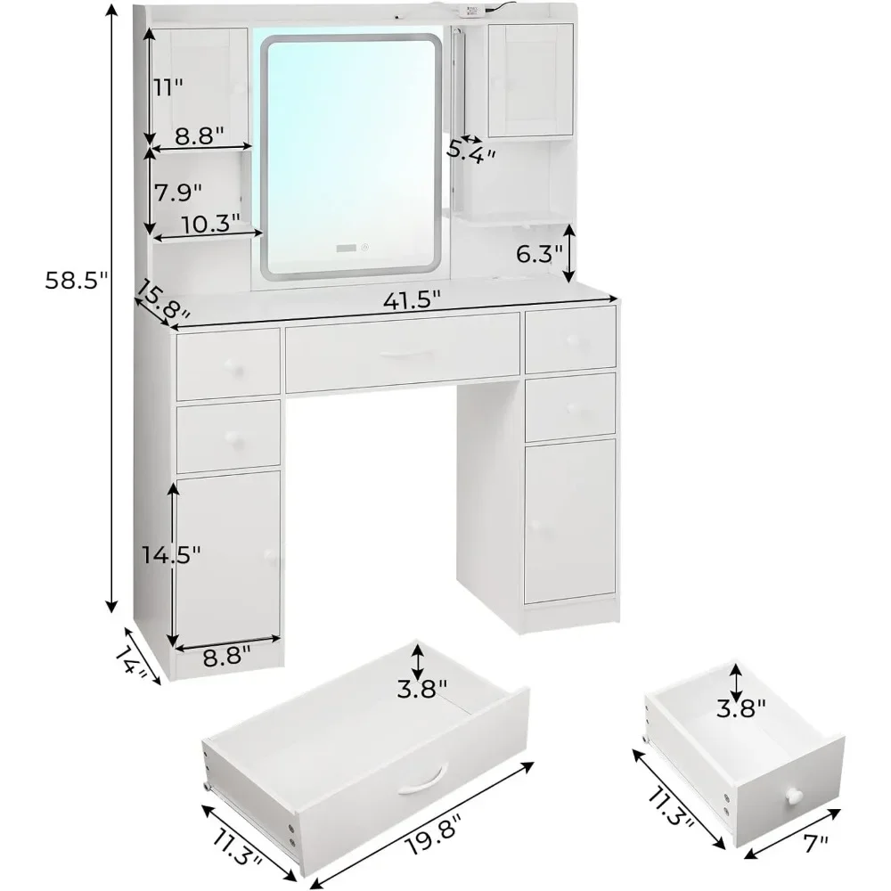 Vanity Desk con specchio e luci, grande trucco con luci e stazione di ricarica, toletta con 5 cassetti