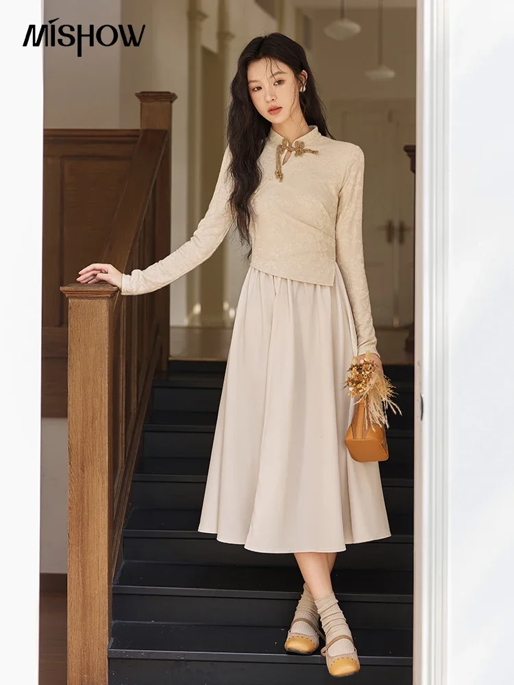 MISHOW New Chinese Dress Women 2024 Fall Winter New Slim Standing Collar Long Sleeve Irregular False Two-Piece Skirt MXD44L2046