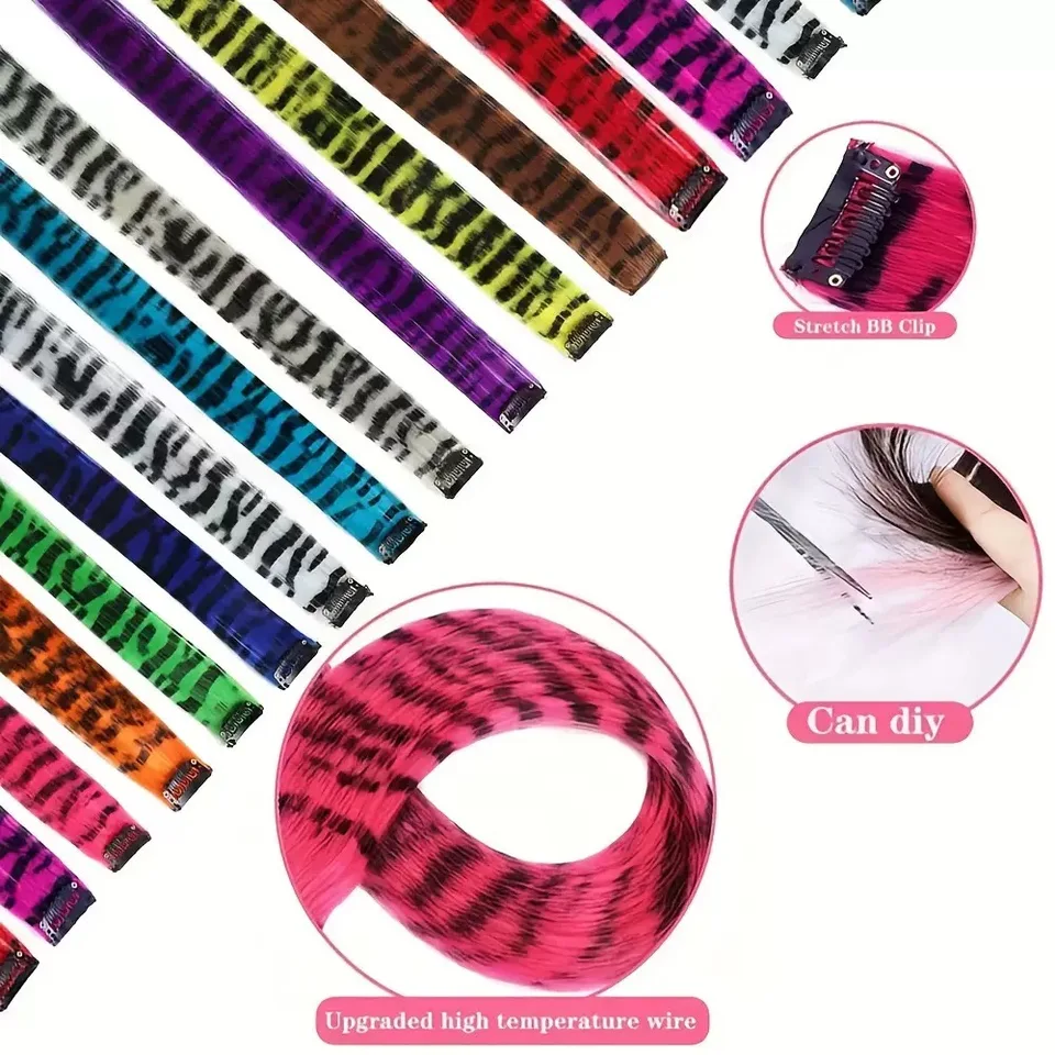3 piezas de extensiones de cabello sintético con clip, rayas de colores, largas y lacias, para uso diario, fiesta o Halloween 3