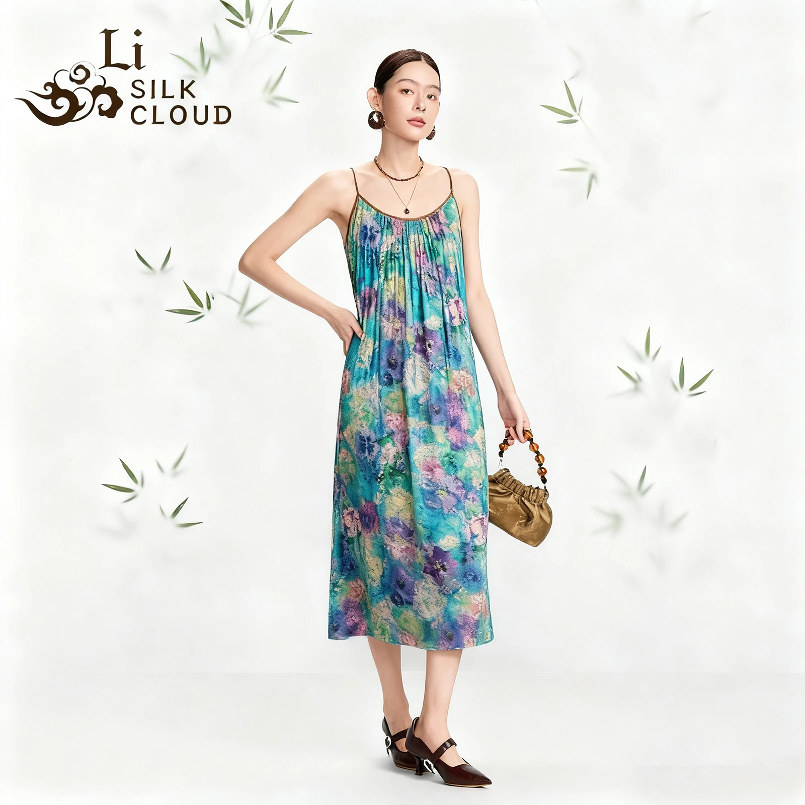 

LI SILK CLOUD xiangyunsha Camisole Dress - Monet Color Palette, 100% Mulberry Silk Guangdong Black Pearl Gambiered Gauze