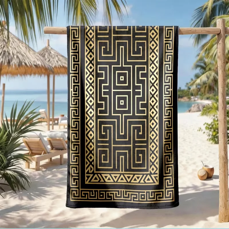 Luxury Black Gold Greek Key Geometric Print Beach Towel Sandproof Quick Dry Towel For Beach Pool Travel Elegant Holiday