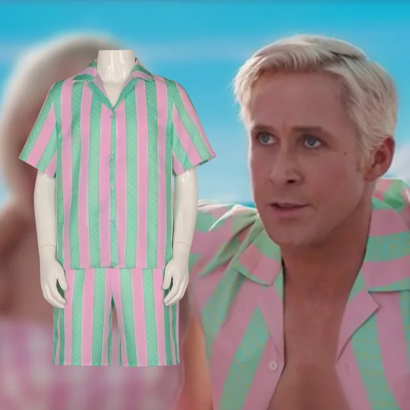 Ken Ryan Gosling cosplay Costume Set in Movie Stripe Pink Shirt and Shorts Set for Men Beach Wear Set Adult Costume