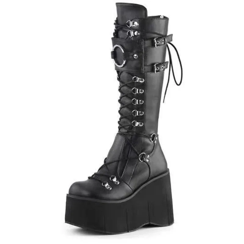 Stivali con plateau punk gotico per donna Zeppe cosplay Stivali da donna a metà polpaccio Designer Fondo spesso Stivali alti al ginocchio casual Botas Mujer