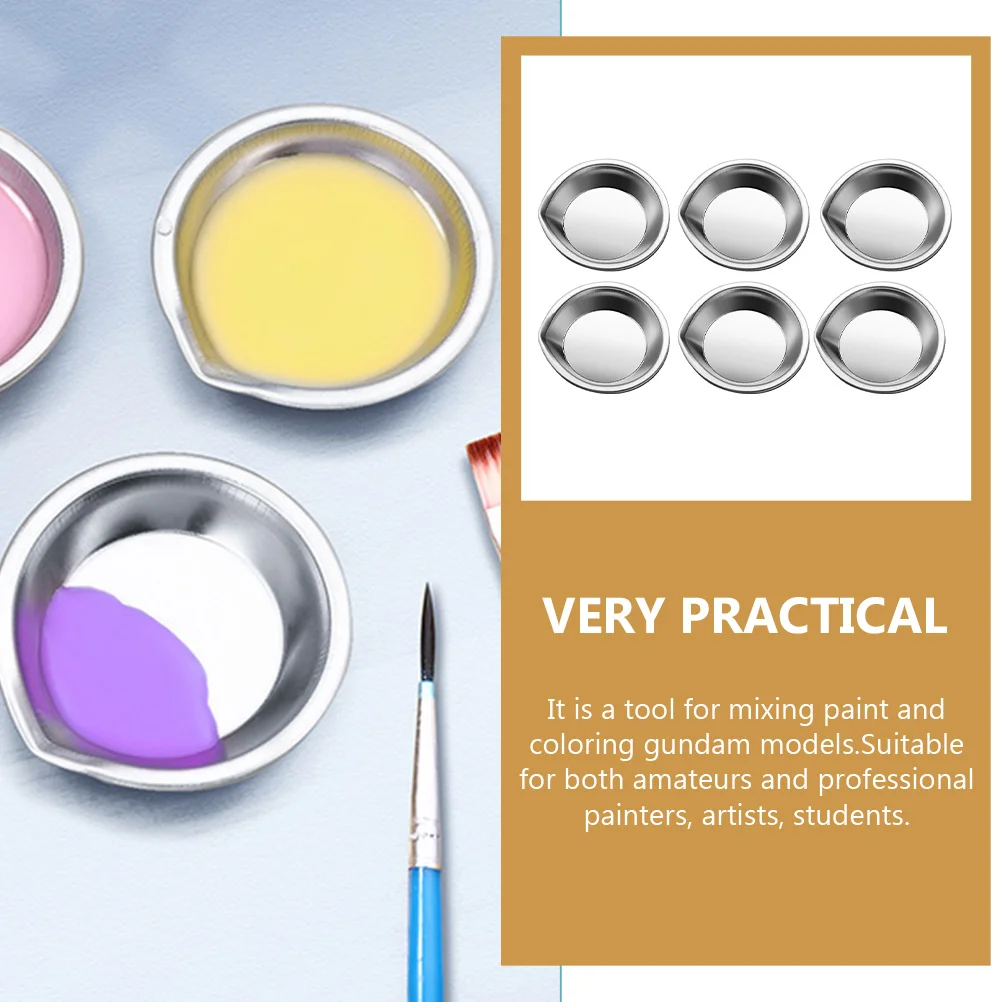 6 Pcs Pour Mouth Palette Painting Tray Multi-functional Watercolor Plate Round Stainless Steel Reusable Child Metal