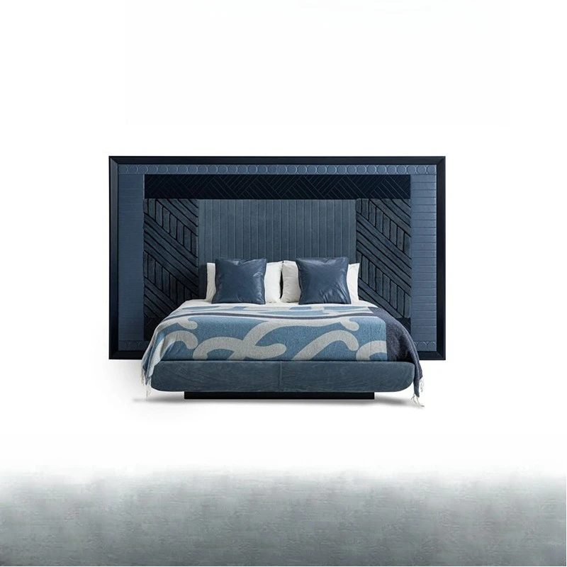 Italian light luxury post-modern classical high-grade ink blue leather cloth export practical new high backrest fabric bed