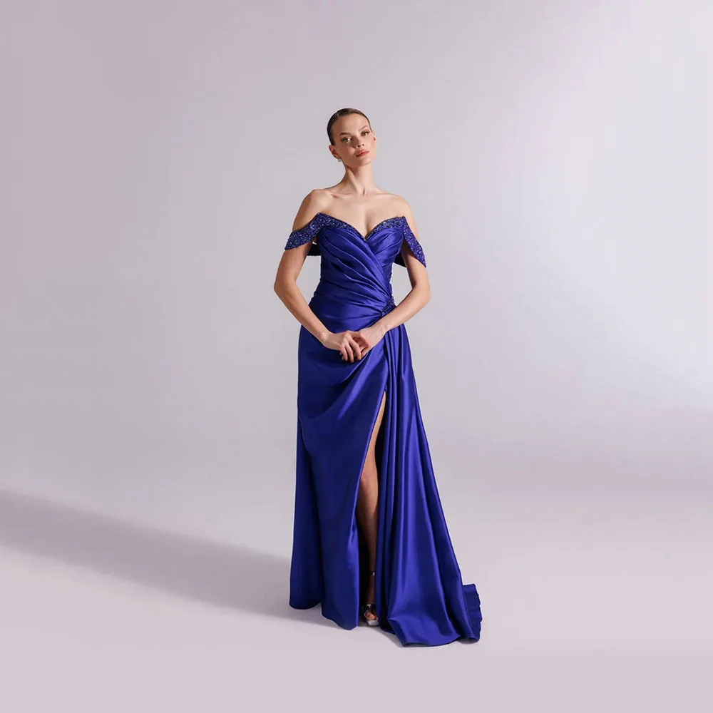 Suknie wieczorowe z satyny na zamówienie, eleganckie suknie na formalne okazje, suknie balowe z odkrytymi ramionami, suknie balowe do ziemi zdobione koralikami i kryształami.