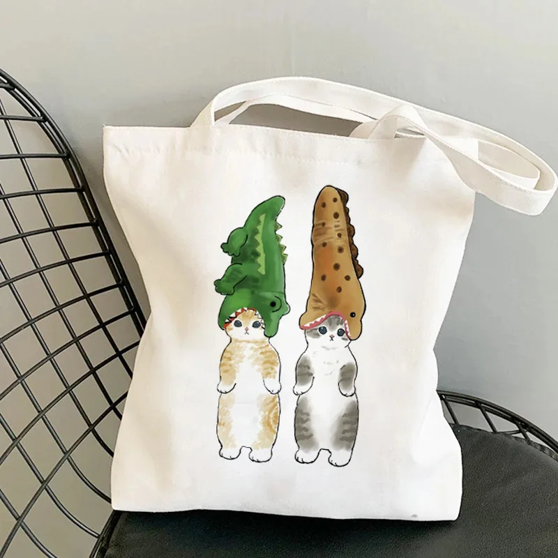 

Cartoon Animal Cat Canvas Tote Bag - Cute Crocodile Hat Flower Crown Healing Harajuku Shoulder Shopping Bag Women Girls Handbags