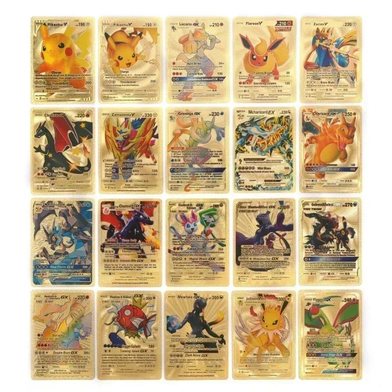 110PCS Gold Foil Original Pokemon Cards Non-repeating Pikachu Anime Cards English Spanish German Pokemon Cards Party Games Gift