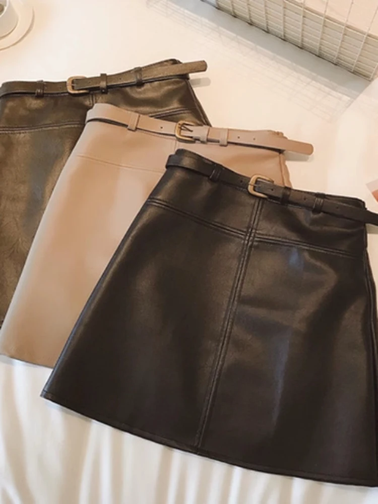 

High Waist A-Line Skirt Real Lambskin Leather Wrap around Skirt Faionable Autumn Winter New Women's Clothing