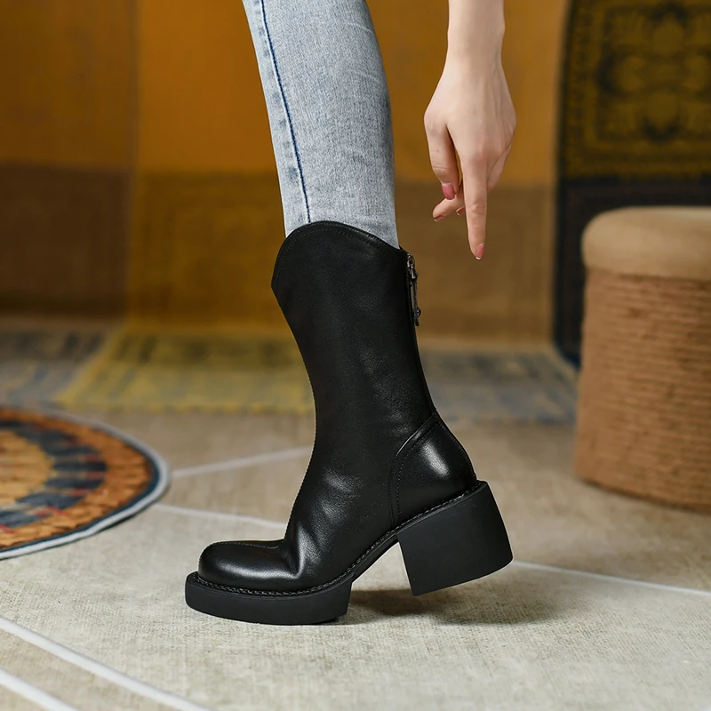 Retro Mature Female Concise Women Calf Boot Genuine Leather Thick Heels Winter Side Zipper Office Shoes Woman Platform Boots