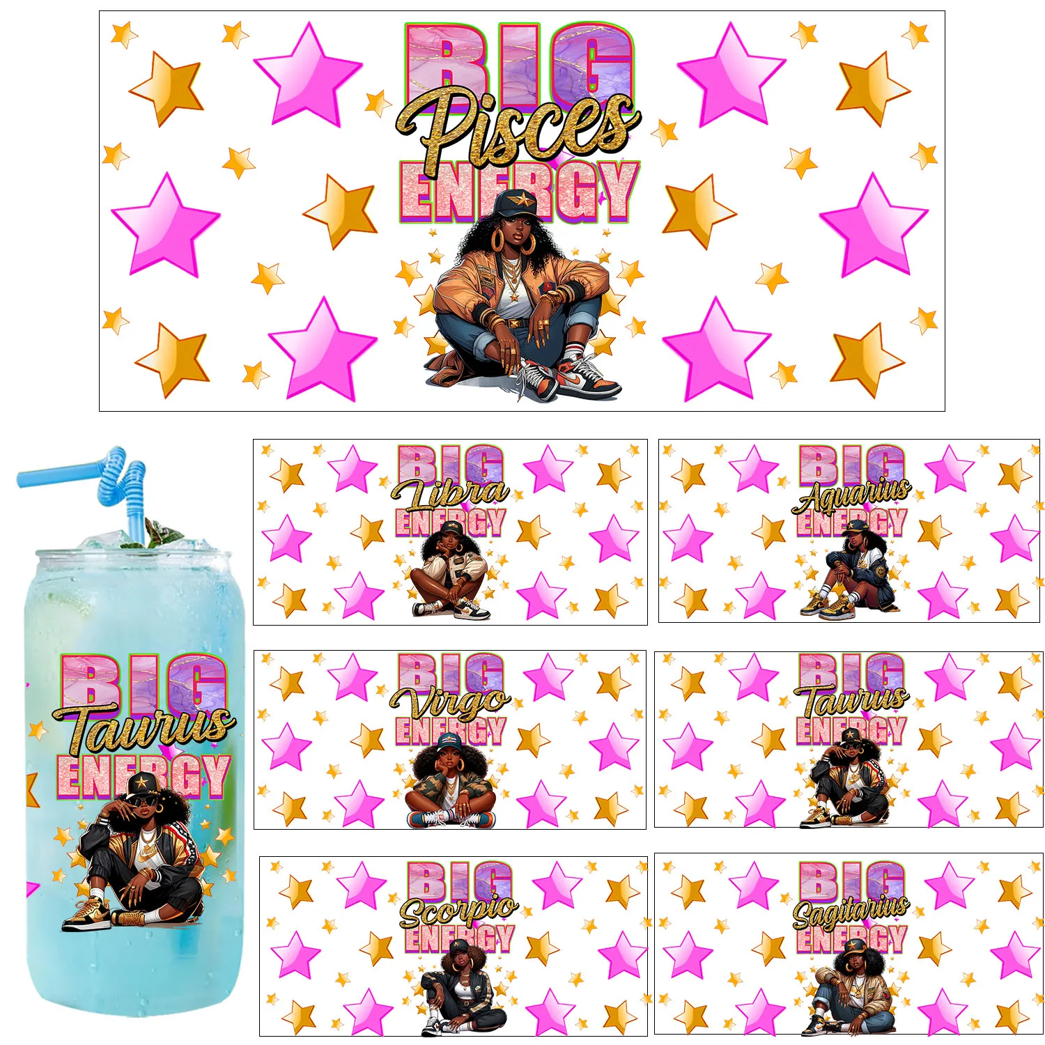 Black women Zodiac signs UVDTF Sticker Party DIY Decals 3D transfers uvdtf tumbler seal stickers 16oz uv dtf cup wraps