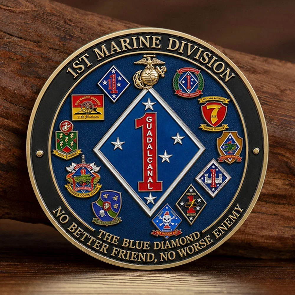 1st Marine Division Gold Plated Commemorative Coin USMC Blue Diamond Guadalcanal Souvenir Coins Gift Collectible