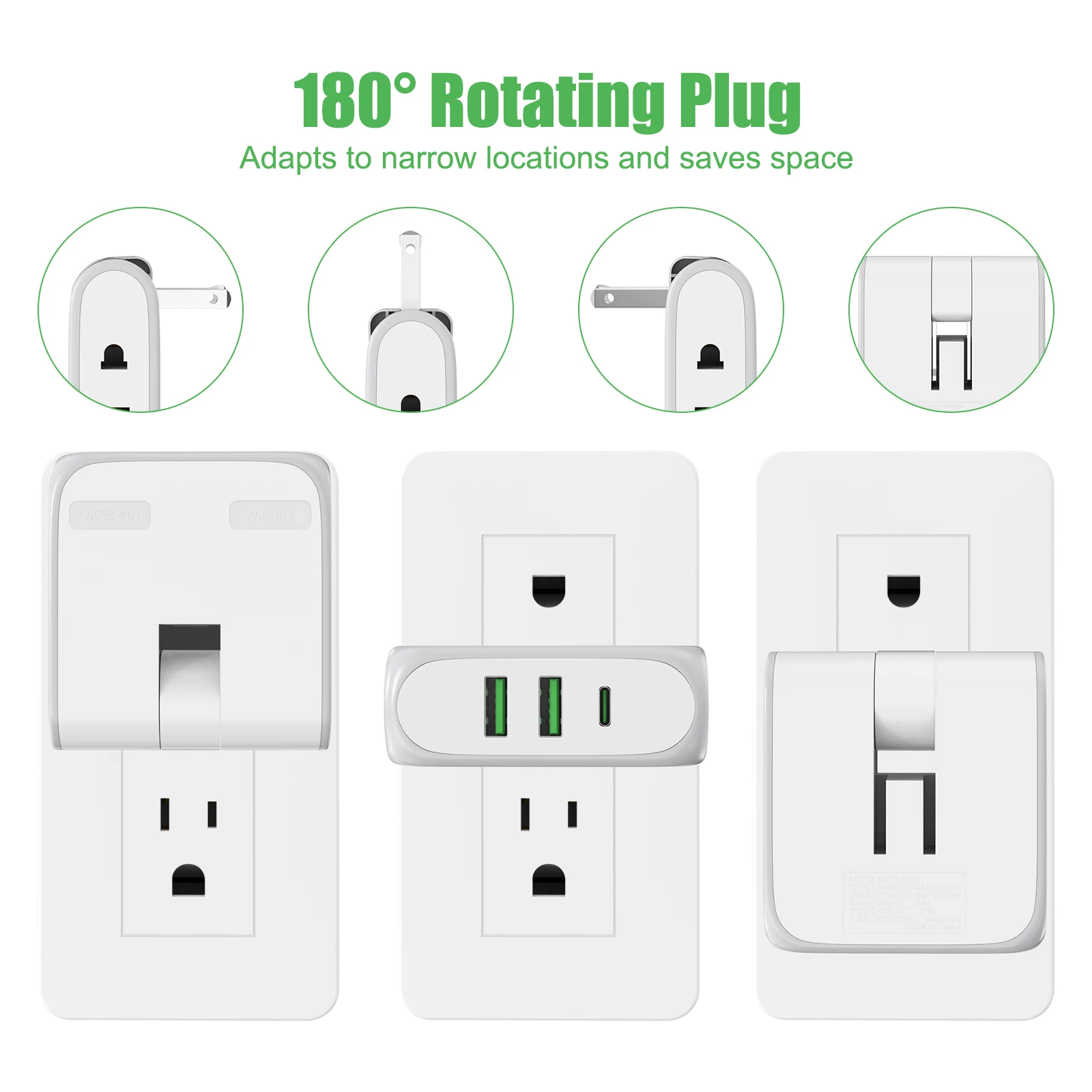 5-in-1 Extended US Rotary Plug 2-Pin Power Adapter 180 Degree Adjustable 2 USB 1Type-c Mobile Phone Charging Adapter Socket