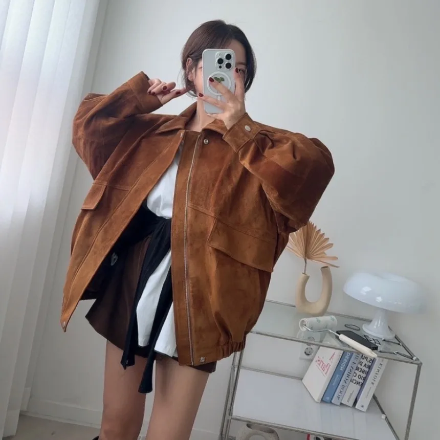 

Шикарный женский замшевый топ средней длины с воротником-дуэтом, осень-зима, американский ретро Sli, универсальный персональный топ с воротником с клапаном