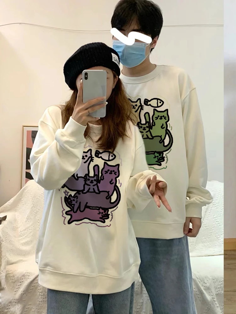 Color-changing Cat Pattern Couple 2024 New Casual Oversize Clothes Autumn and Winter Crew Neck Sweater