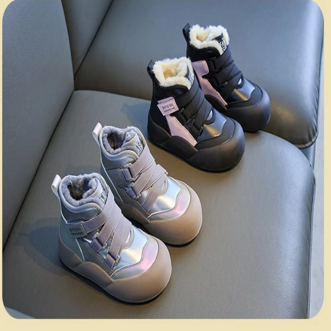 

Kids'Casual Shoes Snow Boots PU Leather Fashion Winter Shoes For Children Warm Sneakers Anti-slip Grey Black Shoes Size 26-37