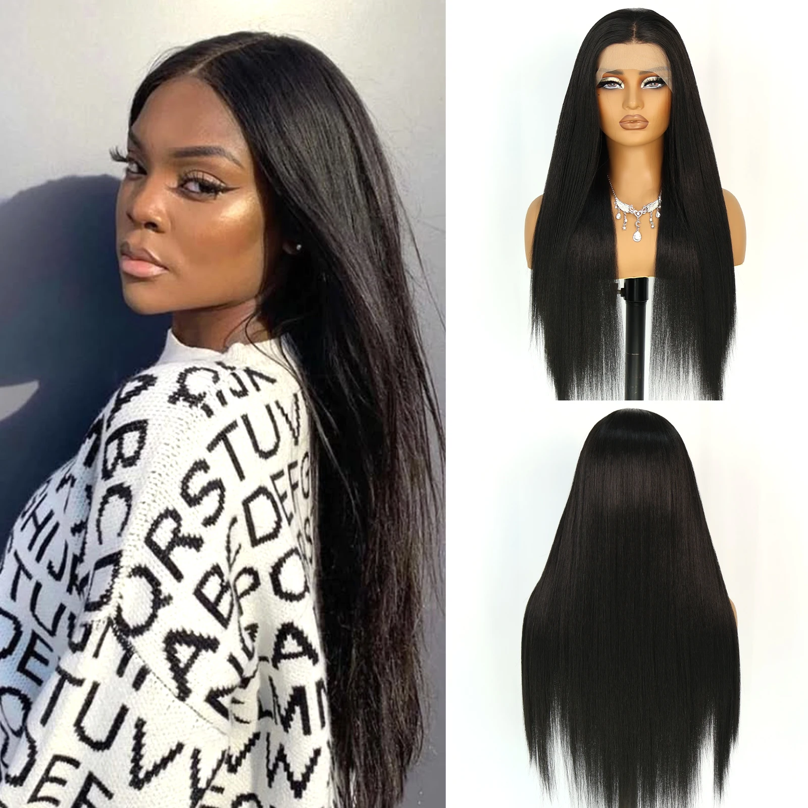 

Aubree Синтетические парики 13*4 Парик фронта шнурка для женщин Ежедневное использование Длинные прямые 28 дюймов 180 Плотность Термостойкие бесклеевые