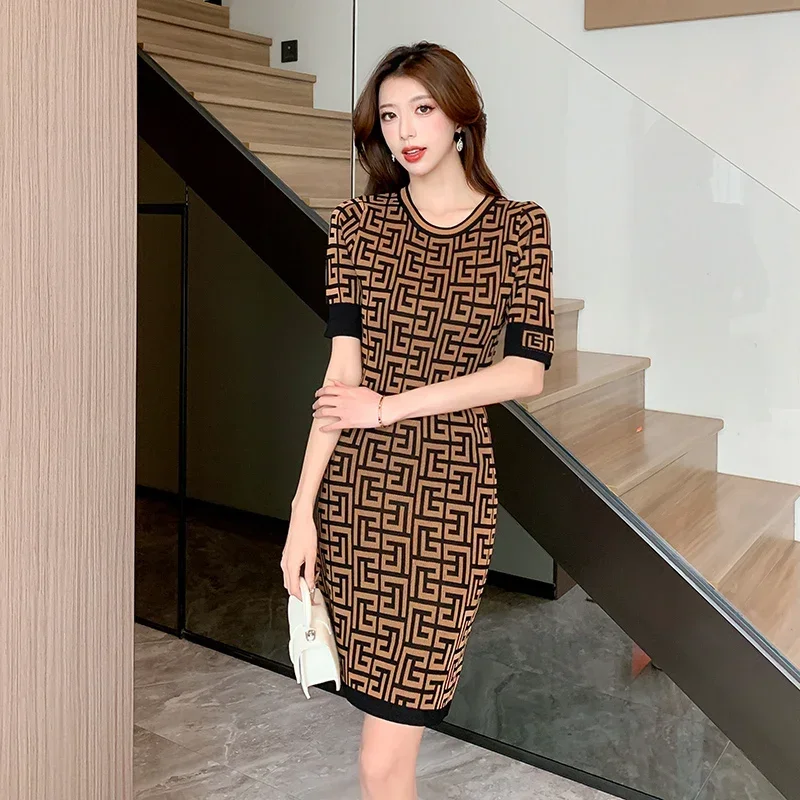 YUQI Sexy Elegant Midi Dress for Women Jacquard Summer Short Sleeve Patchwork Office Ladies Knitted Slim Dresses Plaid Vestido