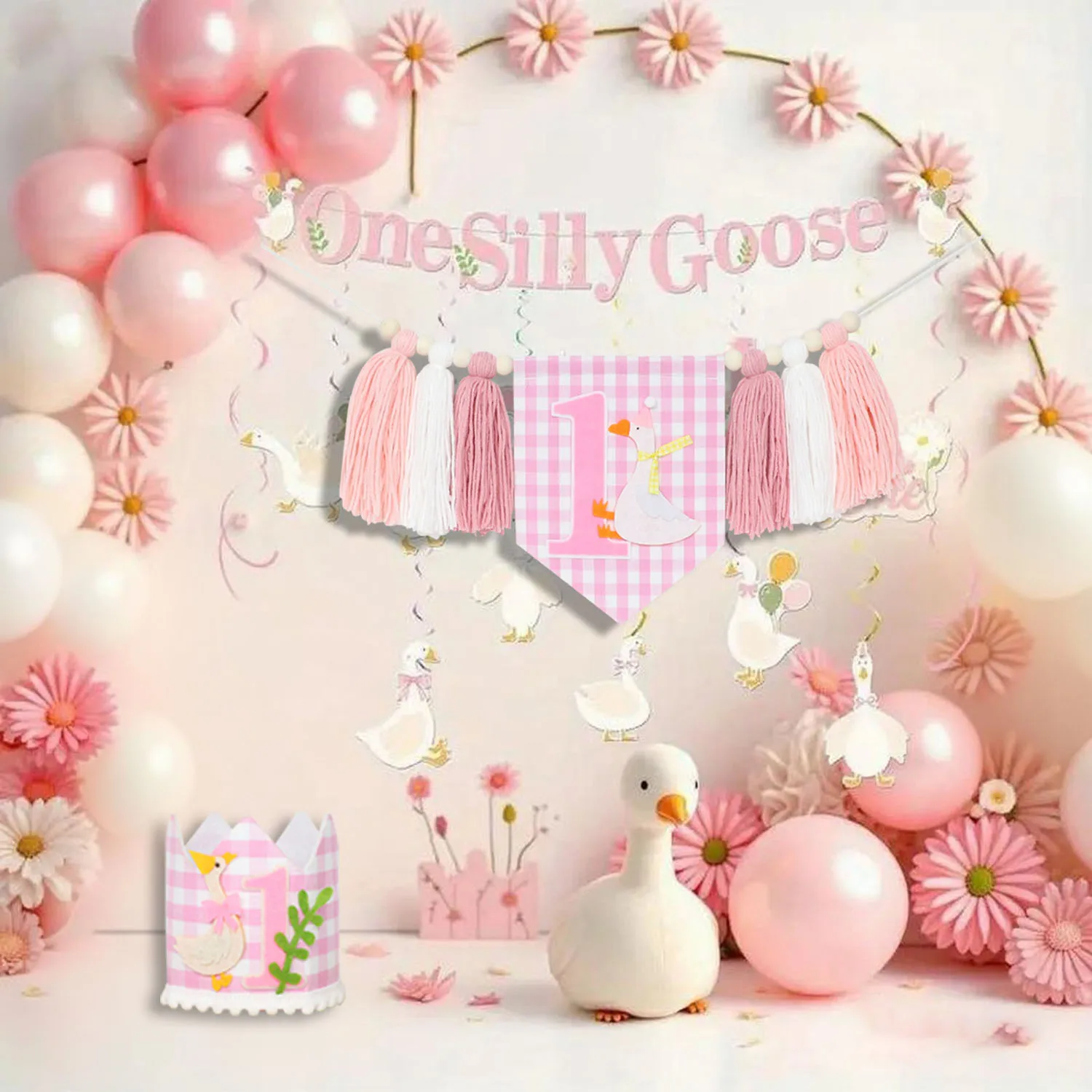 Partydekoration zum 1. Geburtstag mit Gänsemotiv, rosa kariertes Girlandenbanner, Geburtstagshut im Bohemian-Stil, Foto-Requisite zum Geburtstag des Mädchens – Detail 10
