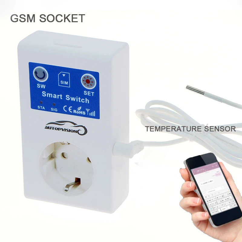 Plugue padrão gsm para tomada, plugue elétrico inteligente com sensor de temperatura e controle de comando por sms, energia e comentário após desligamento