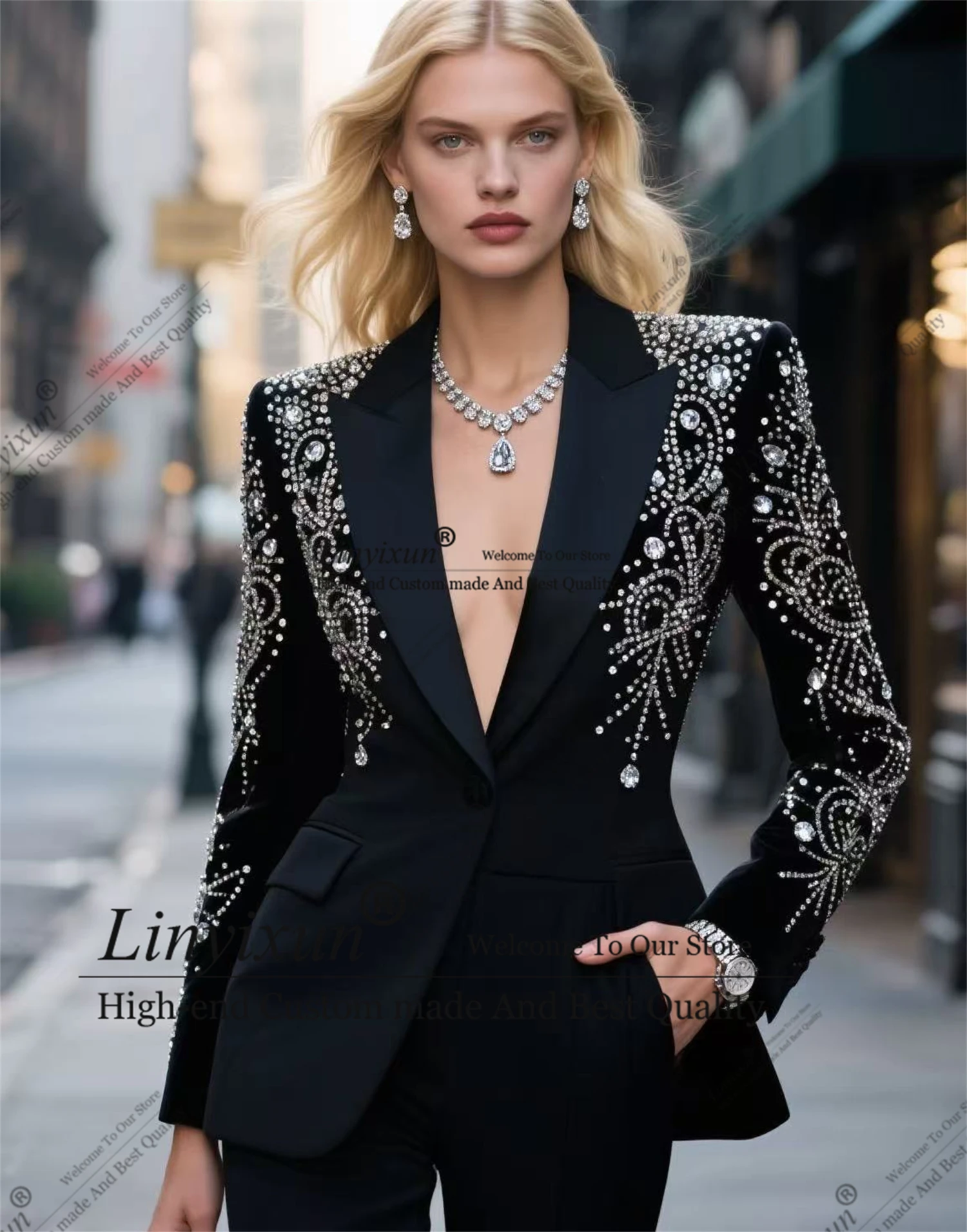 

Elegant Shiny Diamonds Rhinestones Customized Women's Suit 2 Pieces пиджак женски Slim Womens Clothing Pant