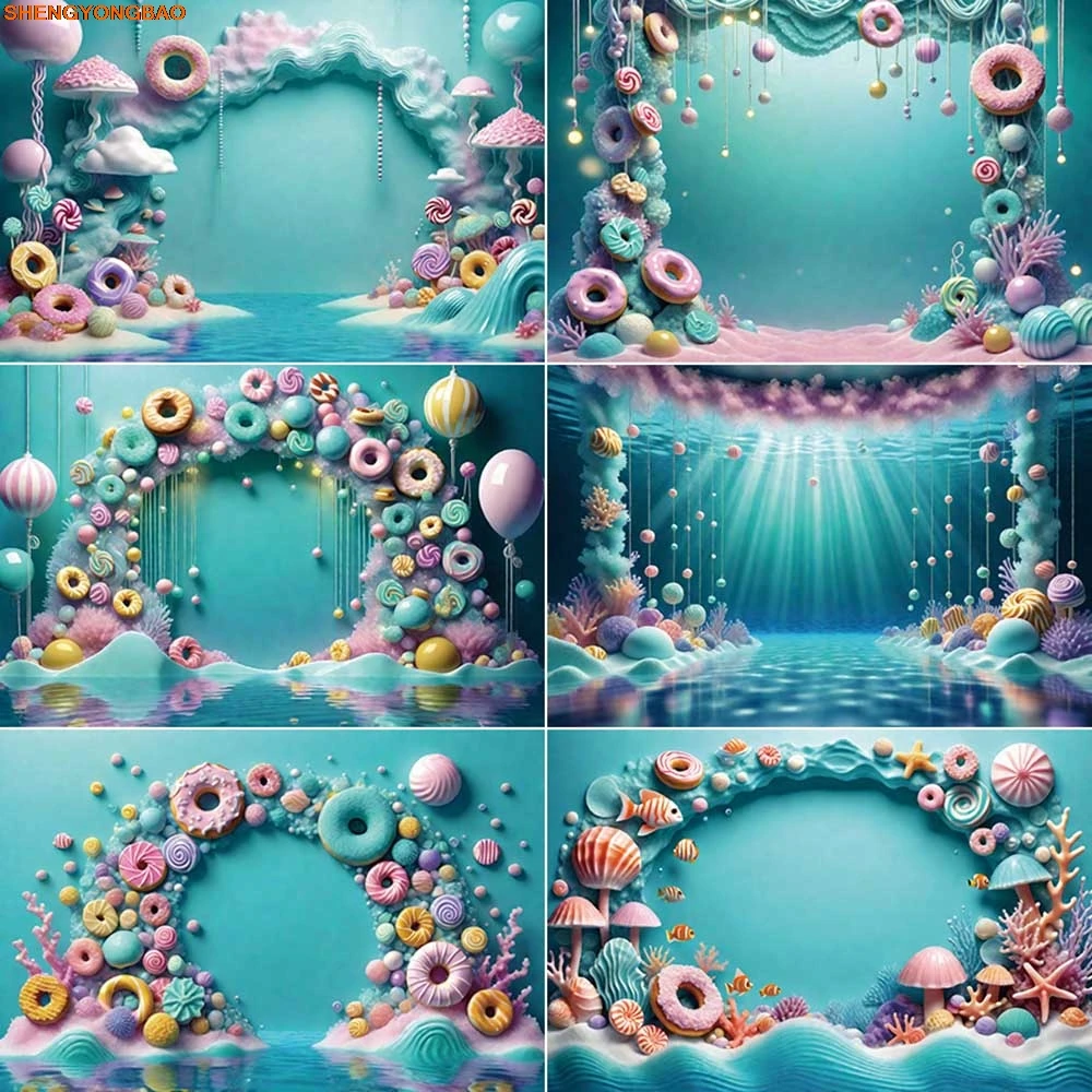 

Ocean Undersea Baby Birthday Party Photozone Backdrop Summer Candyland Doughnut Background Sign Blue Photography Props