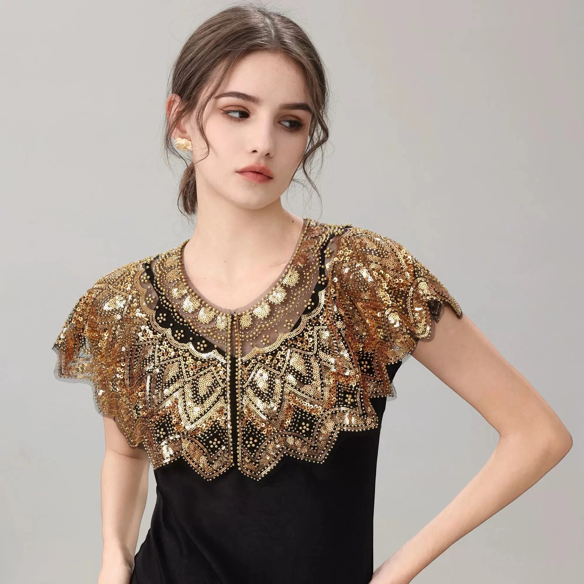 

New shawl women's sequin nail bead sequin short shoulder dress retro evening gold dress outfit