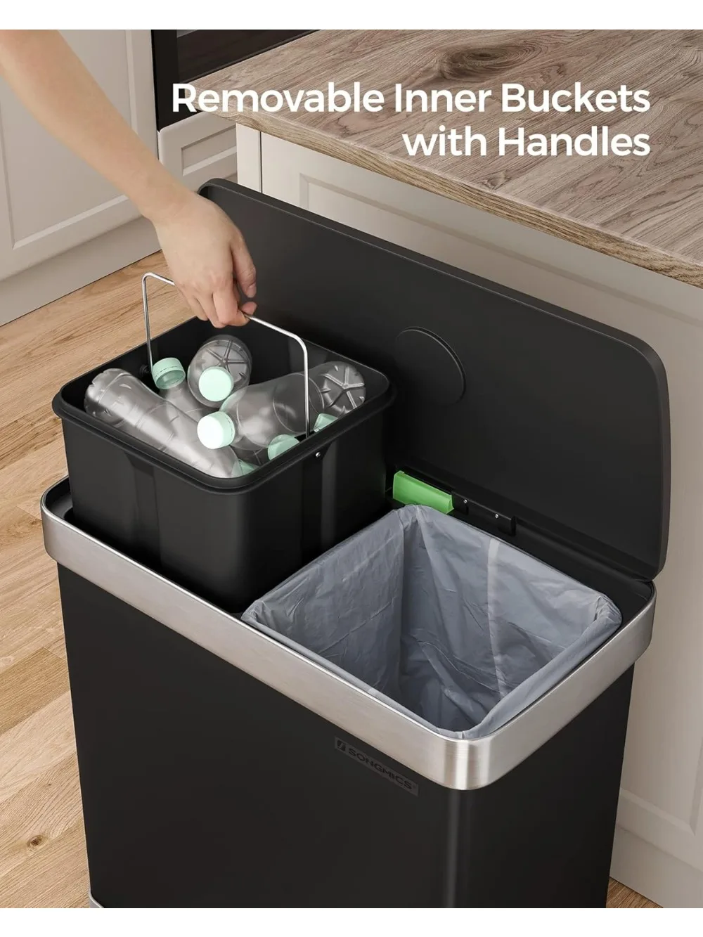 سلة مهملات المطبخ ذات المقصورة المزدوجة سعة 16 جالونًا مع دواسة، وغطاء مفتوح، وصندوق إعادة تدوير من الفولاذ المقاوم للصدأ للمنازل الحديثة