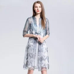 Elegant Pure Silk Dress for Women, Mulberry Dresses, Floral Printing, 2-Piece Set, 2023 Summer, 88017