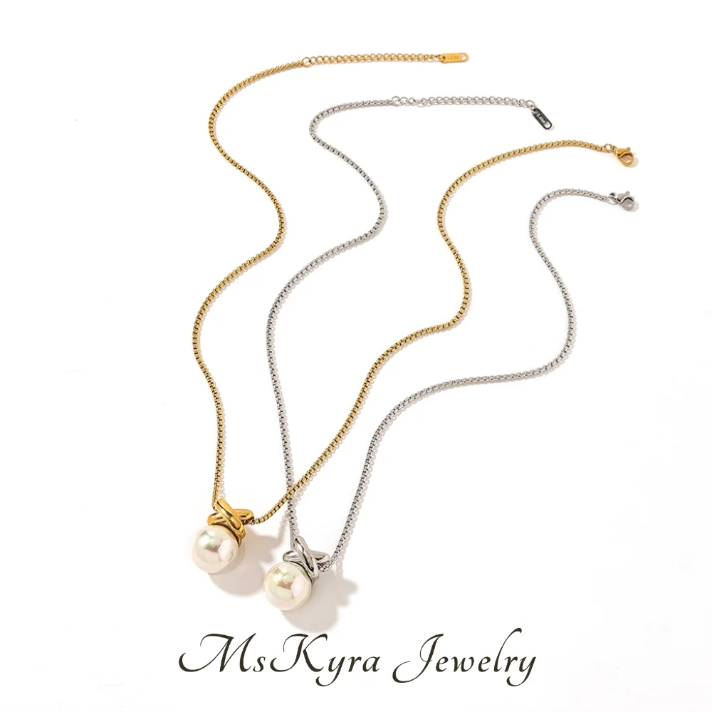 

MsKyra Stainless Steel Necklace Plated 18k Gold Color Jewelry X-shaped Pearl Waterproof Daily Necklace for Women Premium Gift