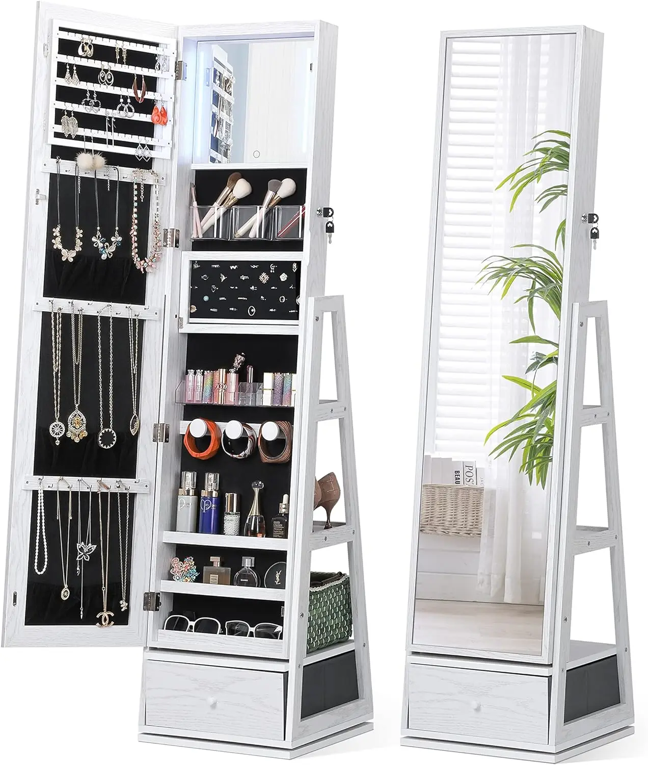 

Nicetree 360° Swivel Jewelry Cabinet with Lights, Touch Screen Vanity Mirror, Rotatable Full Length Mirror with Jewelry