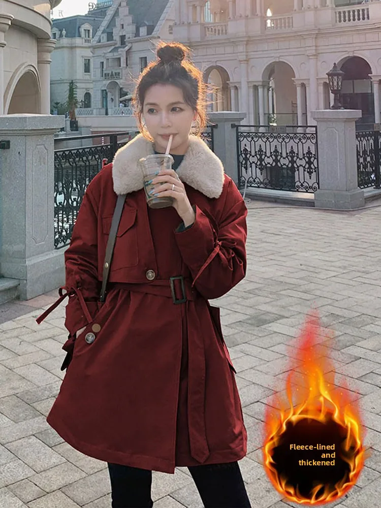 

plus Size Women's Fleece Lined Thickened Parka Coat Belted Mid-Length Winter Outerwear Stylish Commute Long Sleeve Coat