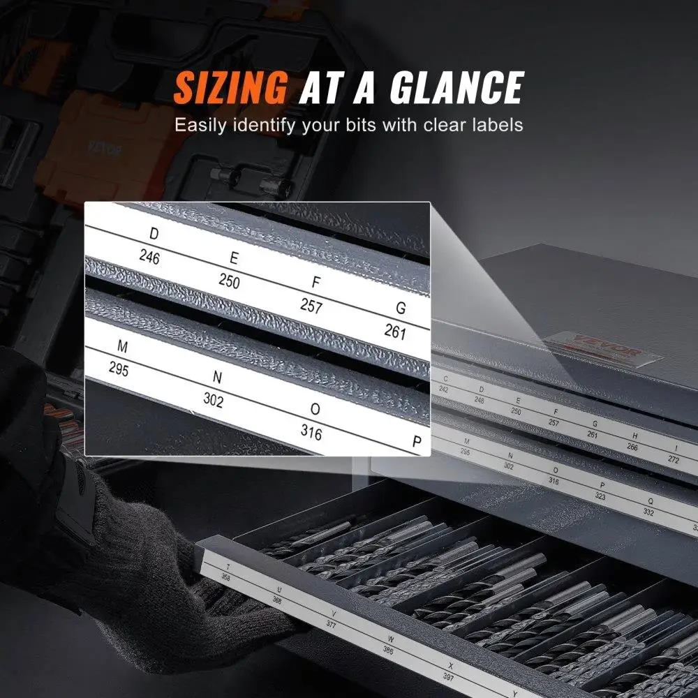 Armadietto portaoggetti impilabile con tre cassetti in acciaio per punte da trapano con etichette dalla A alla Z per un facile accesso