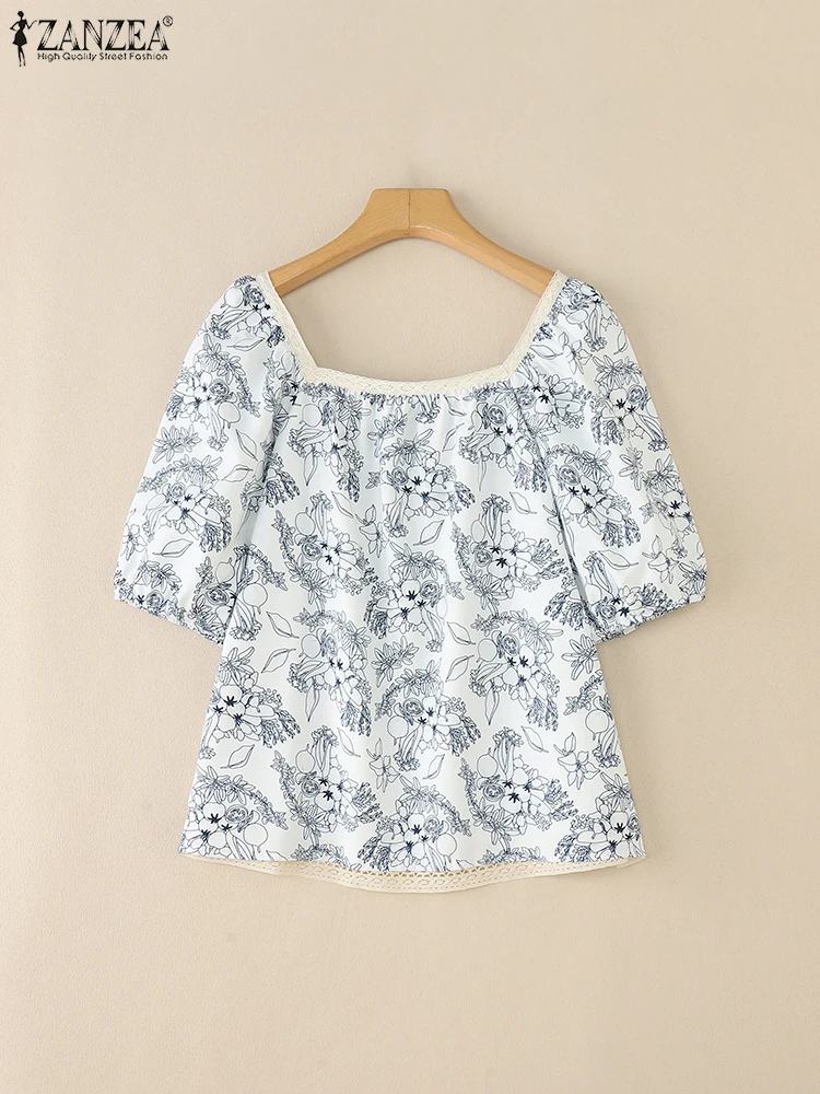 2025 ZANZEA Summer Printed Shirt Elegant Women Square Neck Puff Sleeve Blouses Stylish Holiday Tops Casual Lace Patchwork Blusas