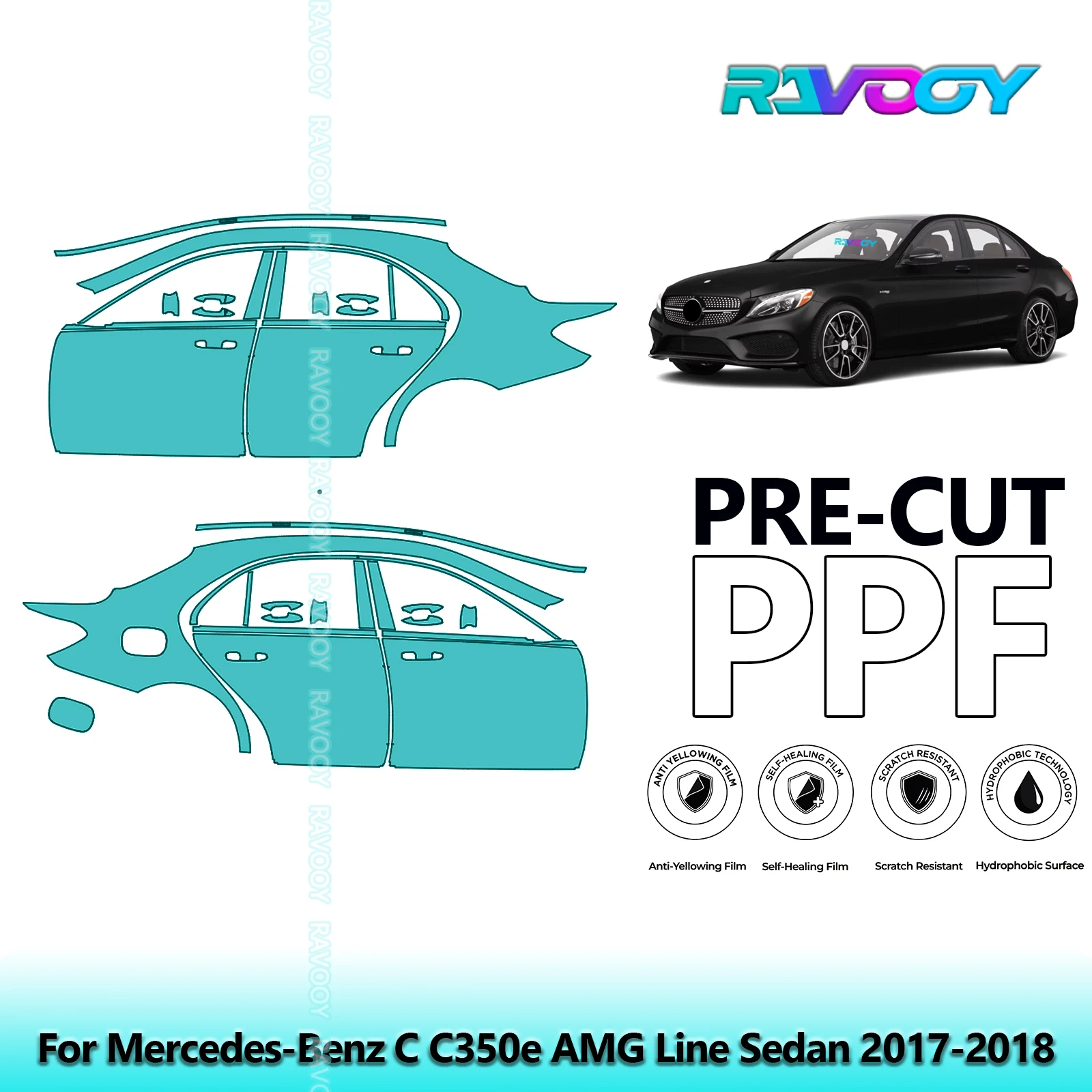 

For Mercedes-Benz C C350e AMG Line Sedan 2017-2018 8.5mil Pre-Cut PPF Door & A/B Pillar Kit TPU Paint Protection Film Set