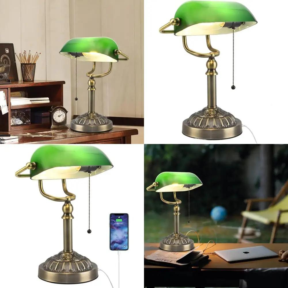 

Традиционная настольная лампа Banker середины века с USB-портом для домашнего офиса и библиотеки