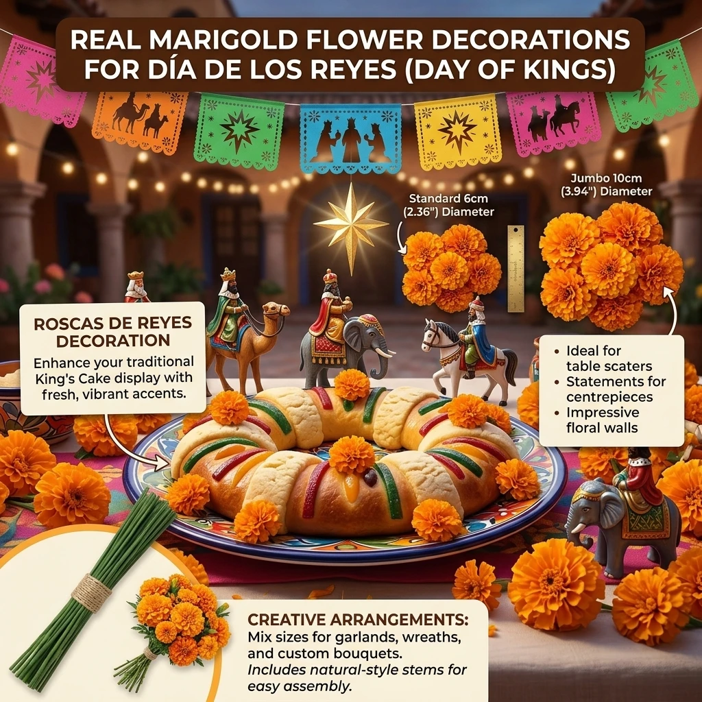 10–100 Stück künstliche Ringelblumenköpfe mit Stielen, Altardekorationen zum Tag der Toten, DIY-Girlande, Kranz, mexikanische Partydekoration – Detail 10