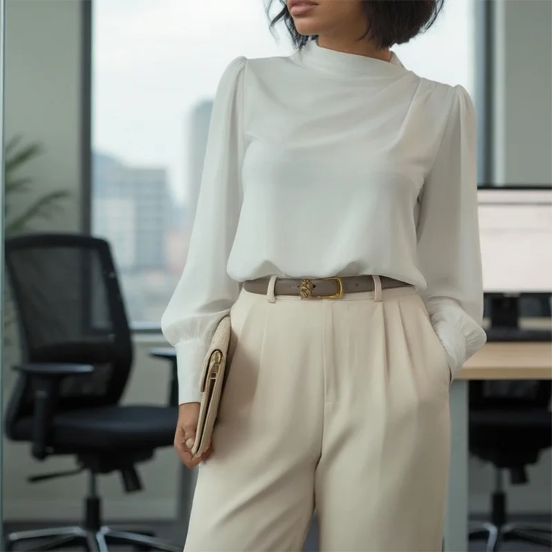 

Топ с длинным рукавом, женский повседневный деловой офисный изящный удобный пуловер, женский элегантный атласный пуловер, повседневный стиль, сплошной цвет