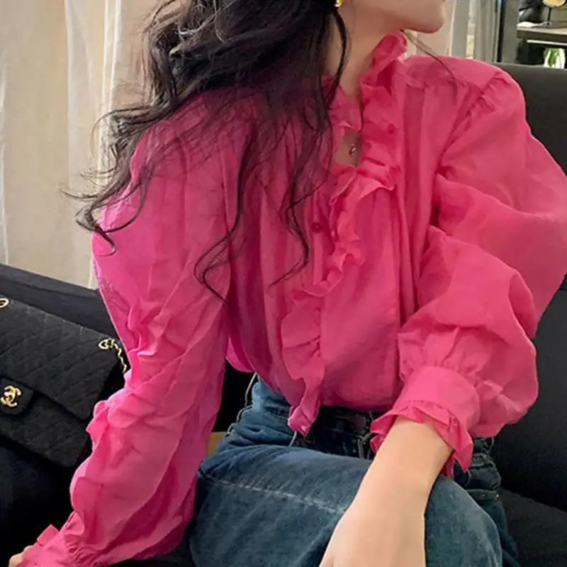 2022 Falbala Rose Red Shirt Spring Autumn Fold Wear Long Sleeve Loose Top Korean Casual Solid O-Neck Loose Tops