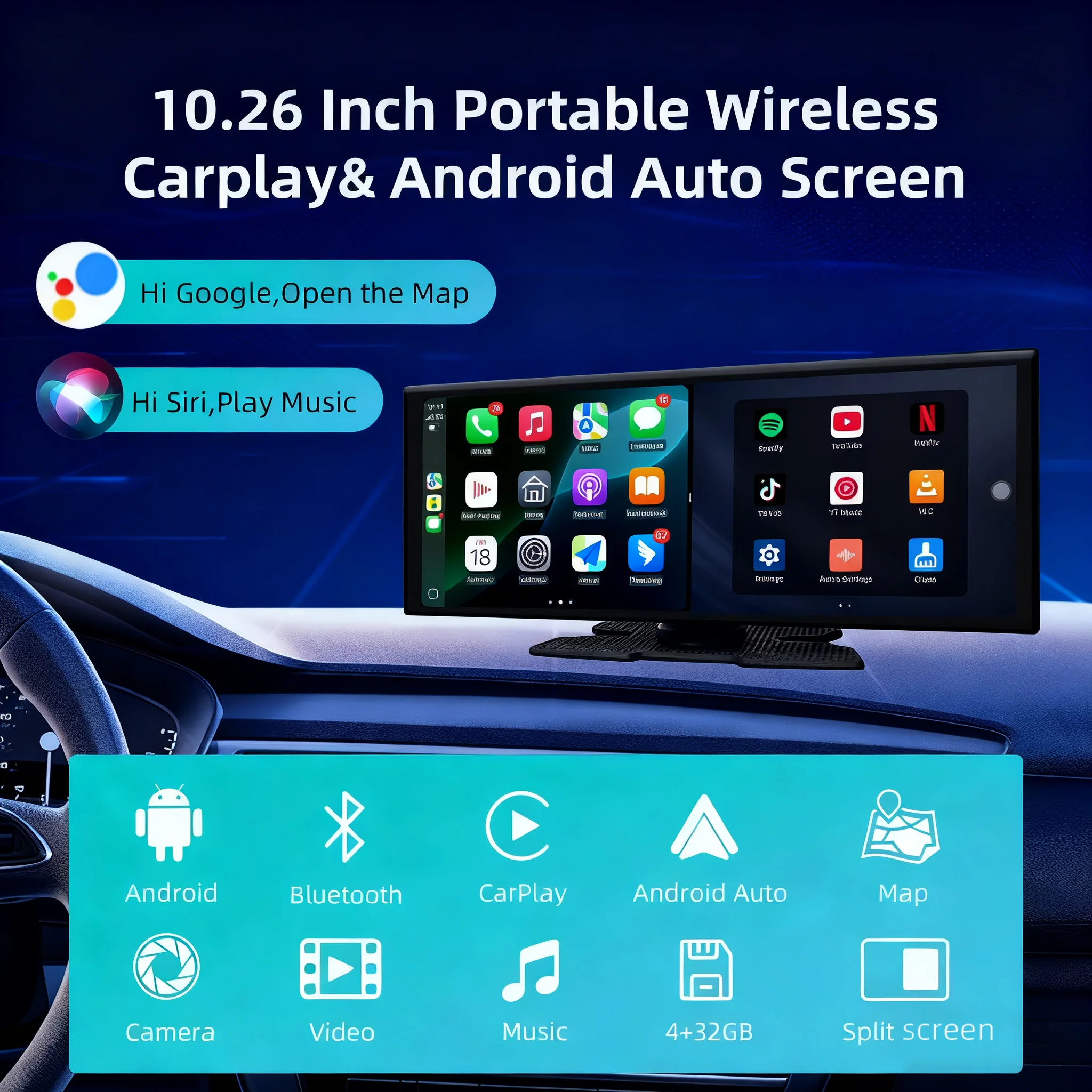 

10,26-дюймовый портативный экран CarPlay с беспроводным Android Auto, 4 ГБ ОЗУ, 32 ГБ ПЗУ, сенсорный экран, функция разделения экрана, для всех автомобилей