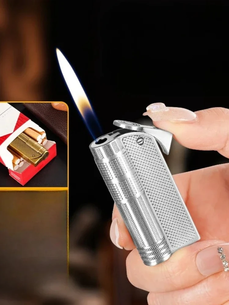 Briquet de feu ouvert rétro en métal, allumage à un bouton, gaz Butane, briquet gonflable, accessoires pour fumer, outil cadeau, nouveau