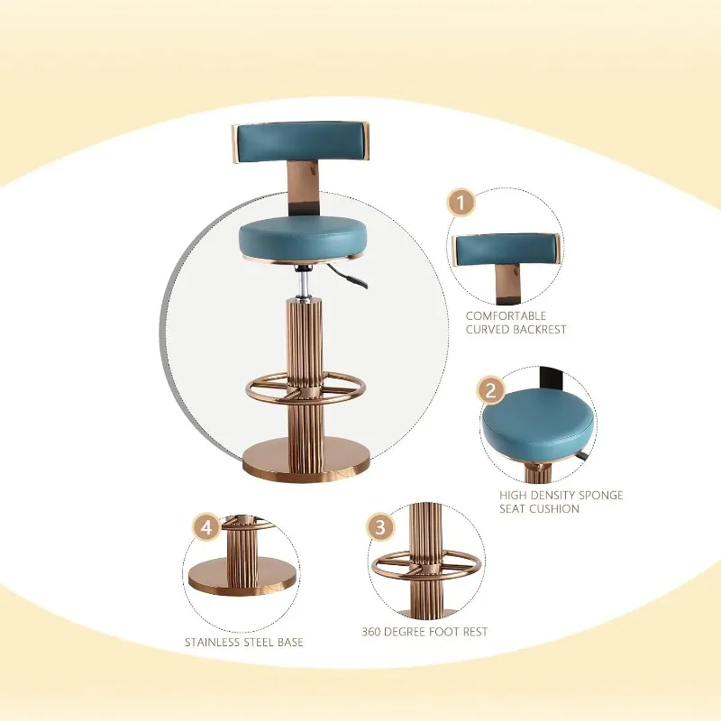 Taburete de Bar giratorio con respaldo, moderno taburete de Bar de altura ajustable con patas de acero inoxidable y cojín de asiento cómodo