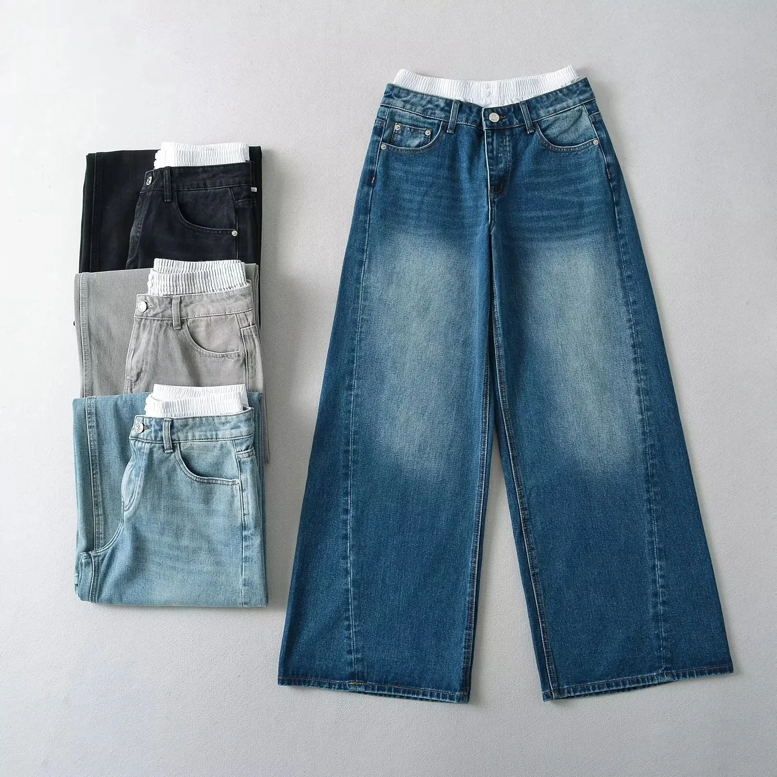 Pantalones vaqueros con diseño de bloqueo de retazos de calle, pantalones vaqueros elegantes de pierna recta, holgados, de pierna ancha