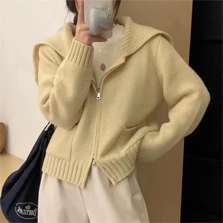 Sweaters for Women Double Zip Knit Cardigan Autumn/Winter Turn Down Collar Long Sleeve Short Knitted Sweaters Cropped Cardigan