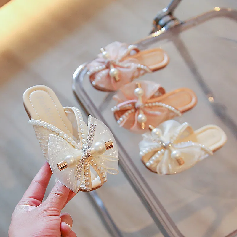 Summer Children Princess Sandals Girls Lace Slippers Breathable Outside Wear Kids Shoes Half Slippers Soft Bottom Princess Shoes