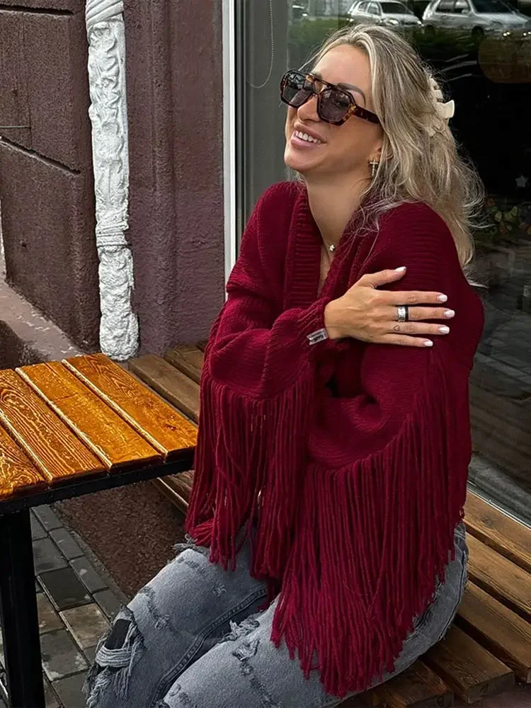 Women Fashion Red Tassels Knitted Cardigan V Neck Single Breasted Long Sleeve Sweater 2024 Autumn Female High Street Outerwear