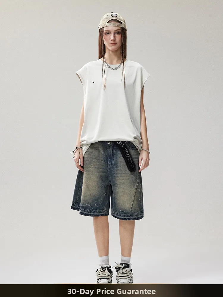 

Retro Japanese Style Men's Tank Top Sleeveless T-Shirt Summer Thin Couple's Style Hole Design Cotton round Neck Base Shirt